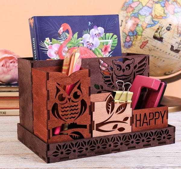 Laser Cut Wooden Owls Desktop Organizer Pen Holder Stand CDR File