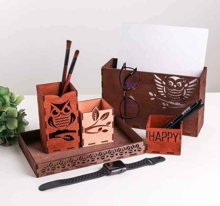 Laser Cut Wooden Owls Desktop Organizer Pen Holder Stand CDR File