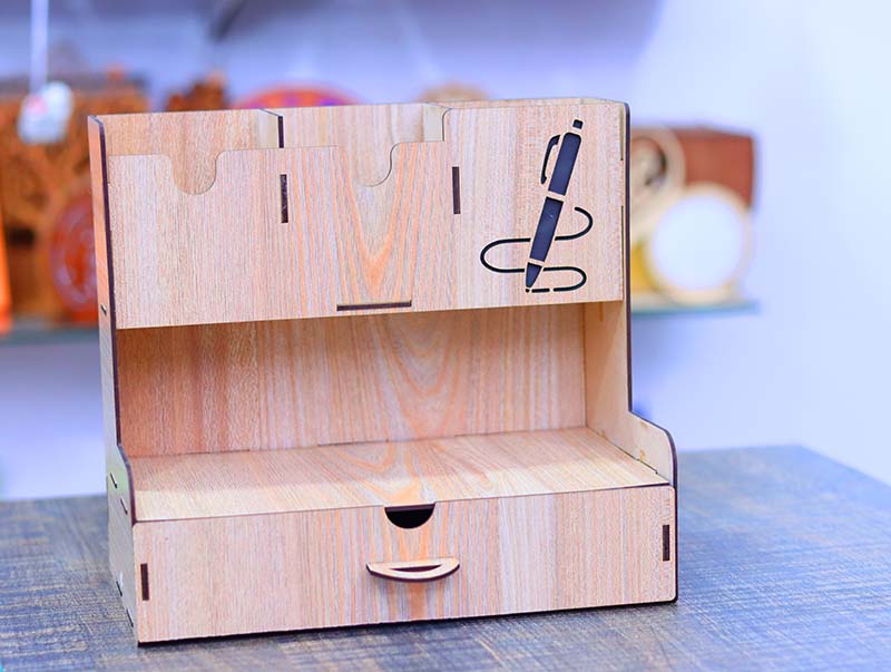 Laser Cut Pen Holder Wooden Office Desk Organizer with Drawer Pencil ...