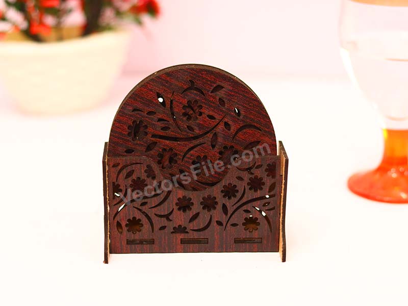 Elegant Laser Cut Coaster Set with Matching Holder