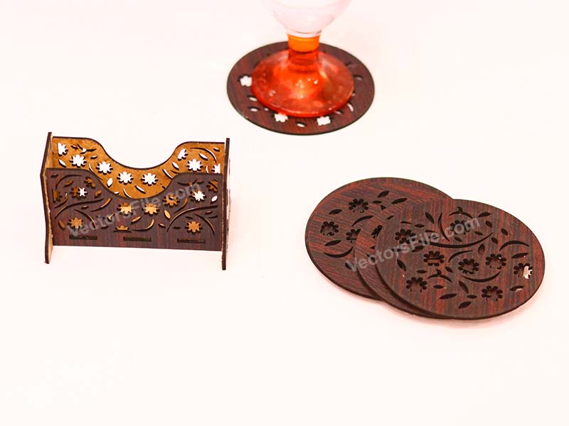 Elegant Laser Cut Coaster Set with Matching Holder
