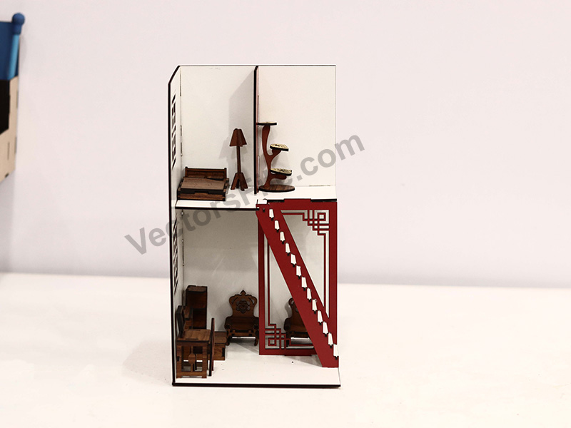 Laser Cut Two Storey Dollhouse Model with Furniture Design