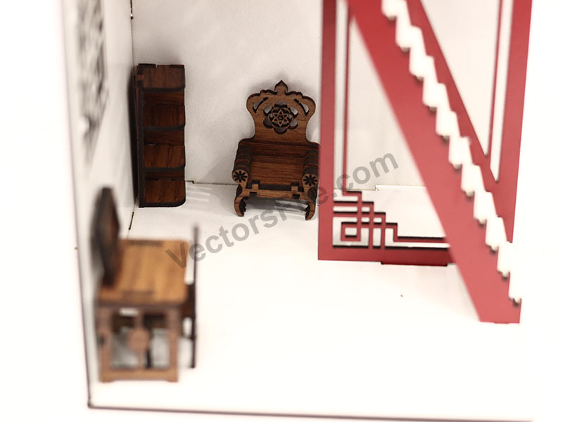 Laser Cut Two Storey Dollhouse Model with Furniture Design