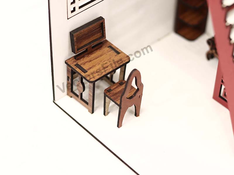 Laser Cut Two Storey Dollhouse Model with Furniture Design