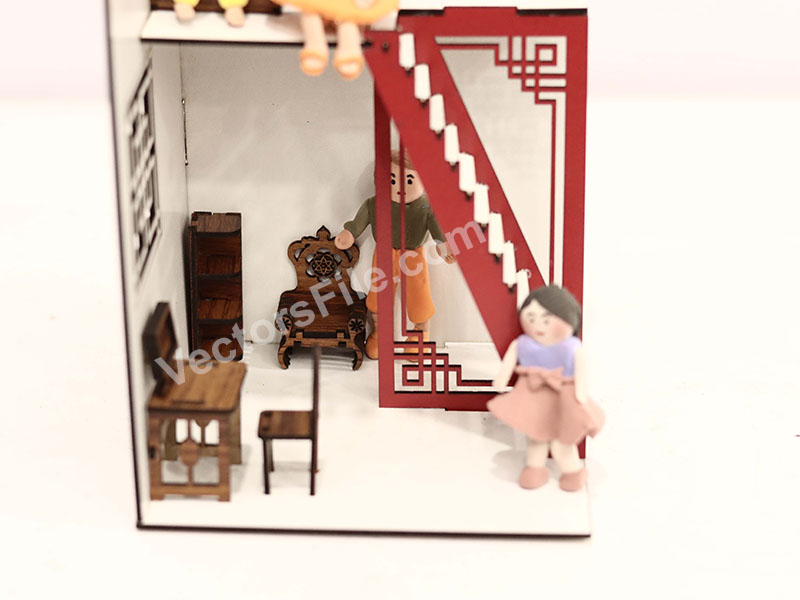 Laser Cut Two Storey Dollhouse Model with Furniture Design