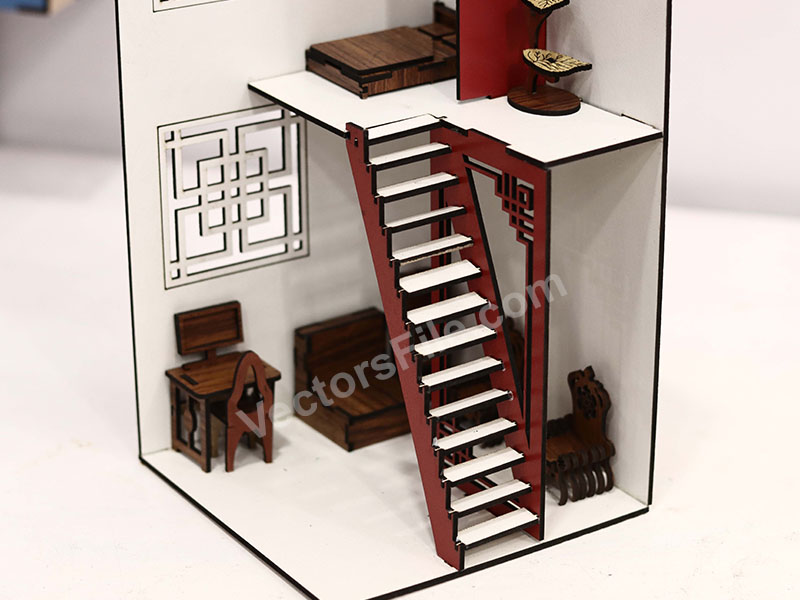 Laser Cut Two Storey Dollhouse Model with Furniture Design