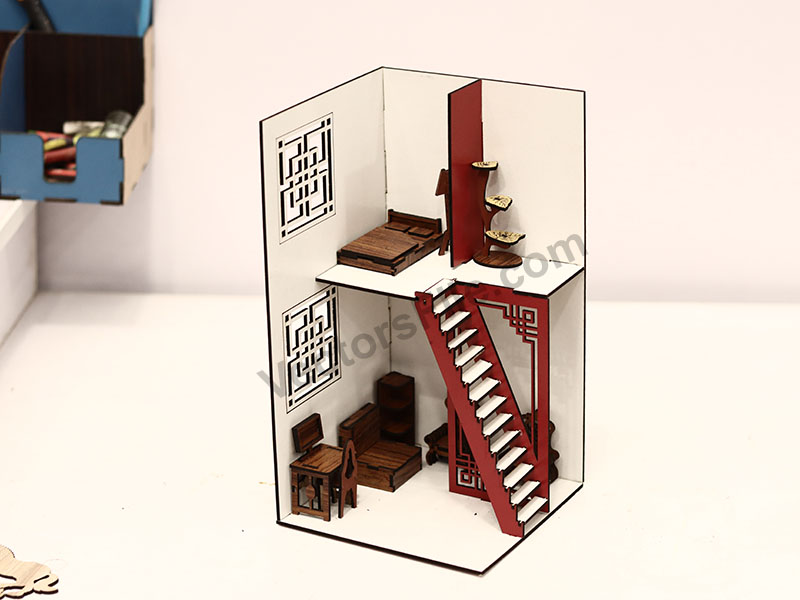 Laser Cut Two Storey Dollhouse Model with Furniture Design