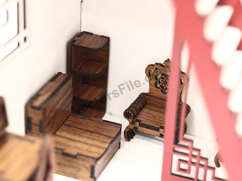 Laser Cut Two Storey Dollhouse Model with Furniture Design