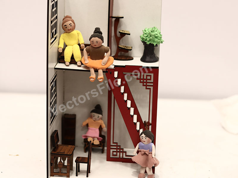 Laser Cut Two Storey Dollhouse Model with Furniture Design