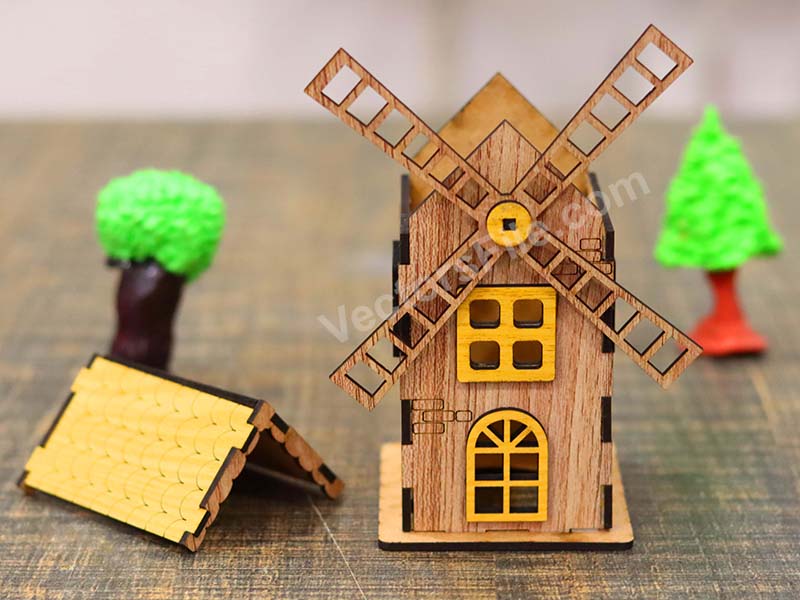 Laser Cut Windmill LED Tealight Candle Holder House Design