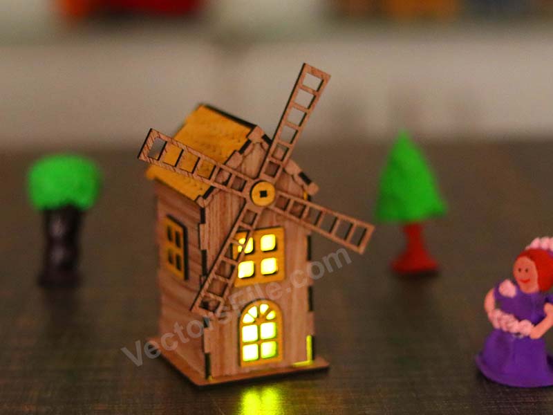 Laser Cut Windmill LED Tealight Candle Holder House Design