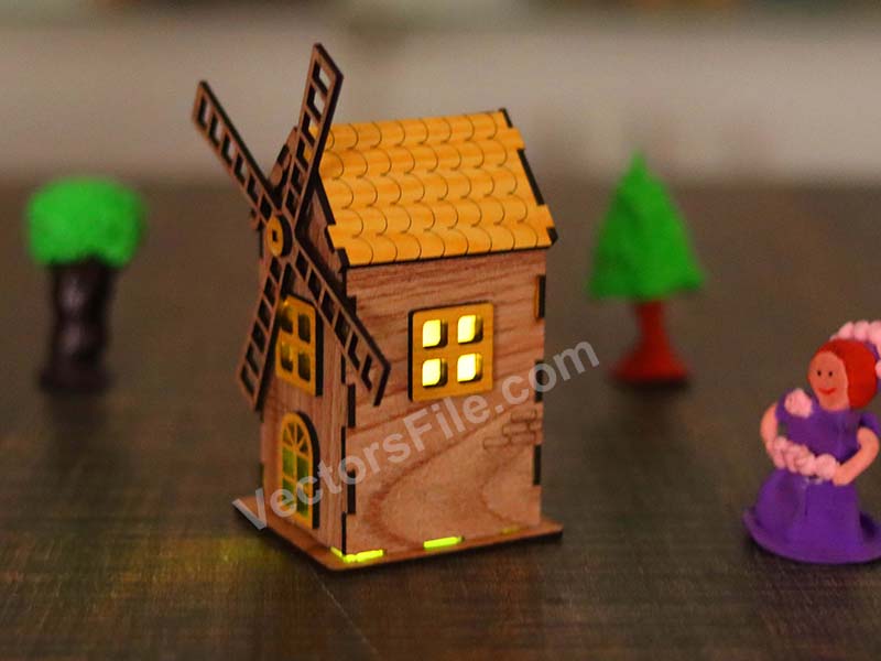 Laser Cut Windmill LED Tealight Candle Holder House Design