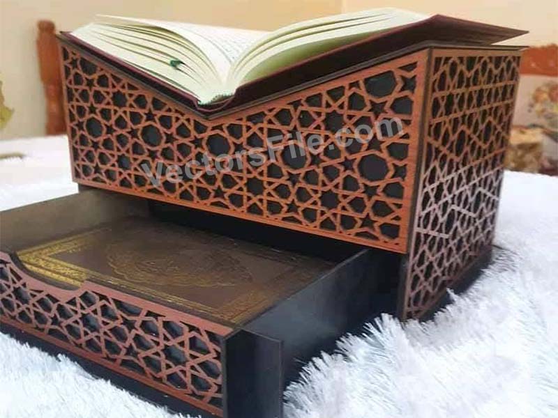 Laser Cut Holy Quran Holder with Drawer Quran Stand Wooden Rehal