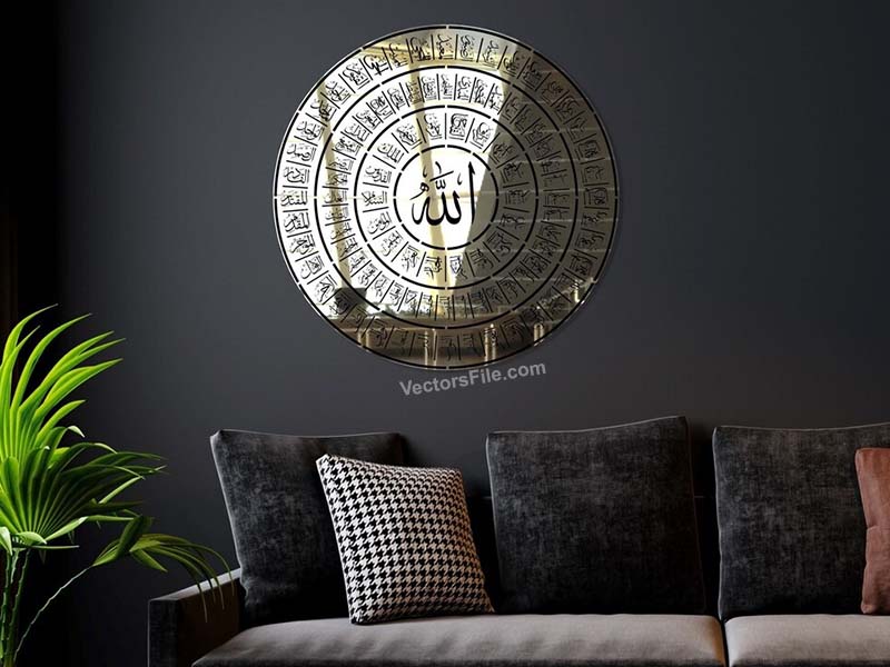 Laser Cut 99 Names of Allah Islamic Calligraphy Acrylic Round Frame Design