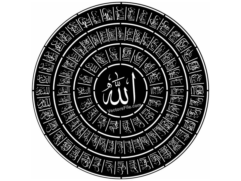 Laser Cut 99 Names of Allah Islamic Calligraphy Acrylic Round Frame Design