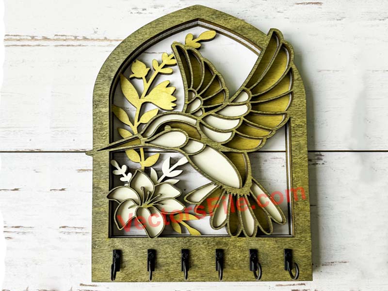 Laser Cut Key Holder Hummingbird Layered Art Wall Key Hanger