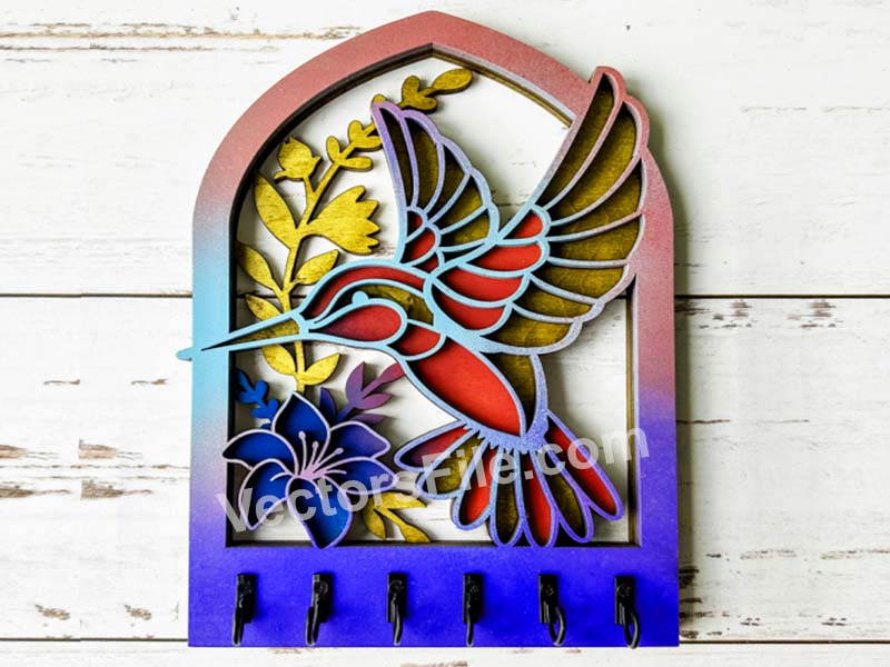 Laser Cut Key Holder Hummingbird Layered Art Wall Key Hanger