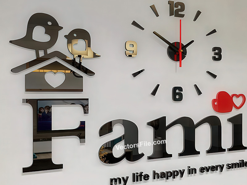Laser Cut Acrylic Mirror Family 3D Wall Clock Design for Room Decor Idea