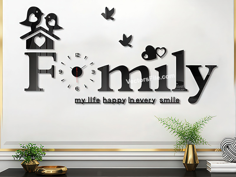 Laser Cut Acrylic Mirror Family 3D Wall Clock Design for Room Decor Idea