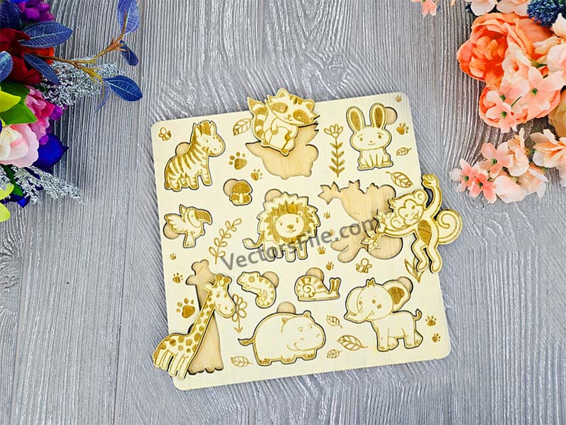 Laser Cut Jungle Animals Montessori Educational Toy Puzzle Board