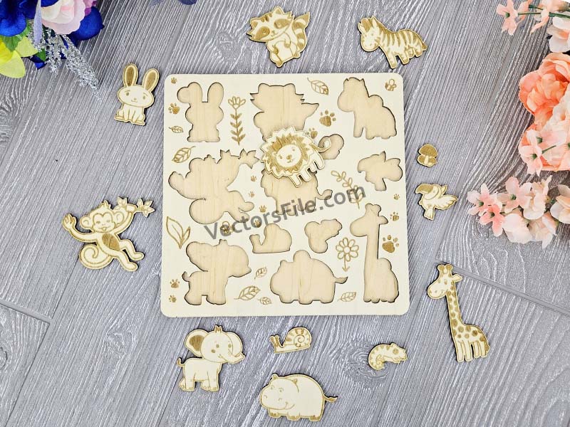 Laser Cut Jungle Animals Montessori Educational Toy Puzzle Board