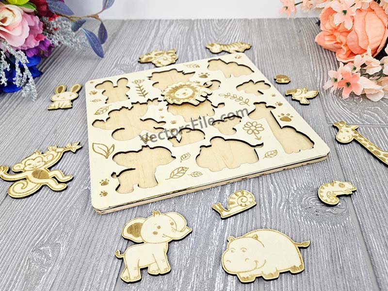 Laser Cut Jungle Animals Montessori Educational Toy Puzzle Board