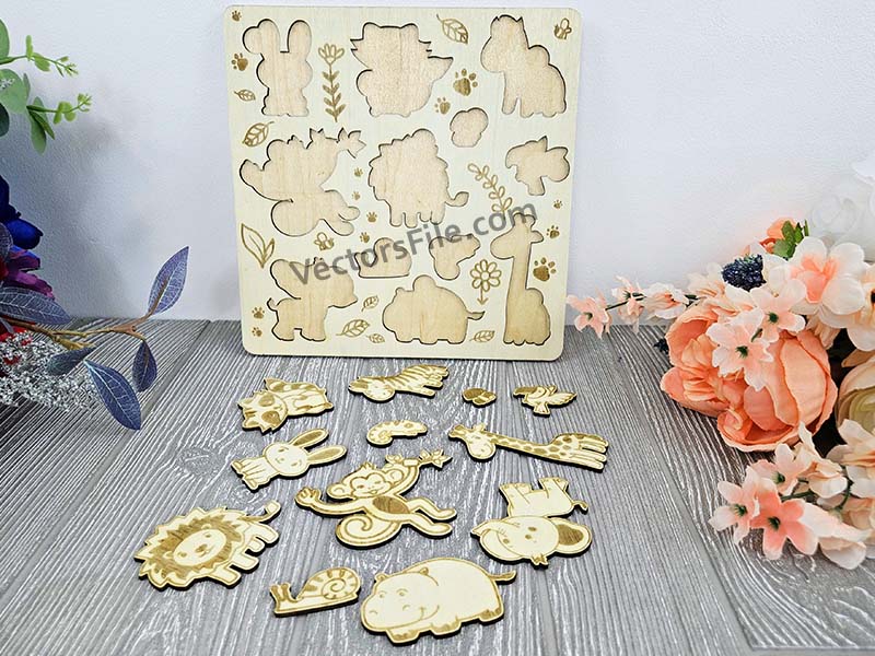Laser Cut Jungle Animals Montessori Educational Toy Puzzle Board