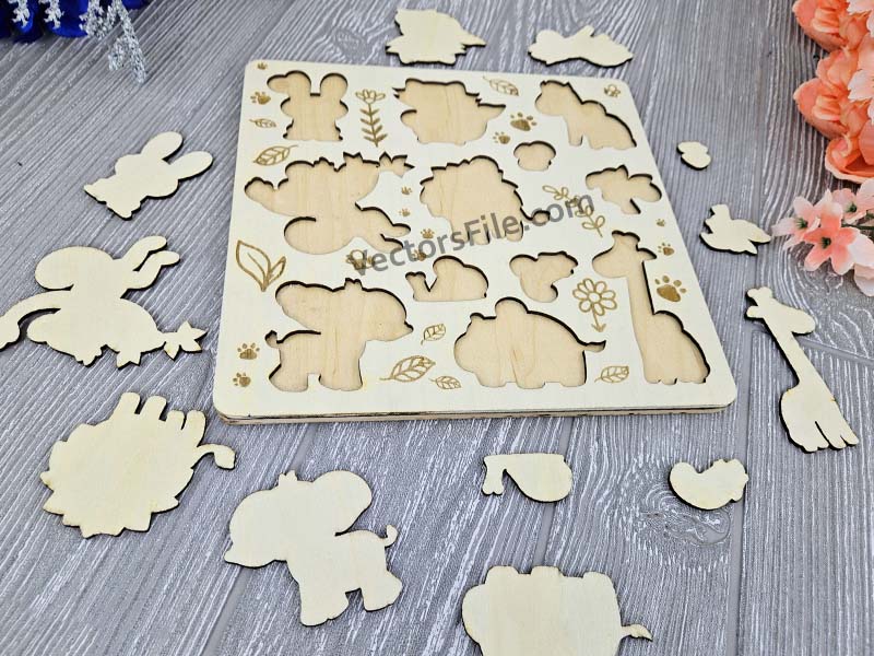 Laser Cut Jungle Animals Montessori Educational Toy Puzzle Board