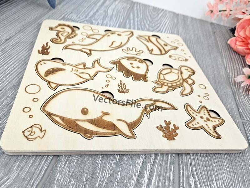 Laser Cut Sea Animal Montessori Educational Toy Jigsaw Puzzle Board
