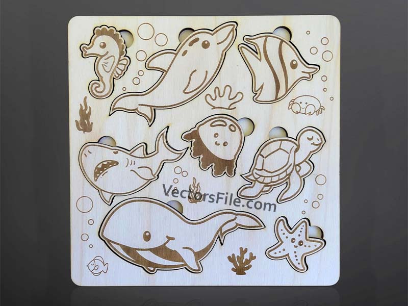 Laser Cut Sea Animal Montessori Educational Toy Jigsaw Puzzle Board