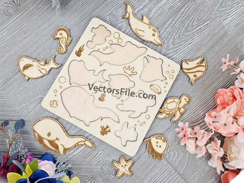 Laser Cut Sea Animal Montessori Educational Toy Jigsaw Puzzle Board