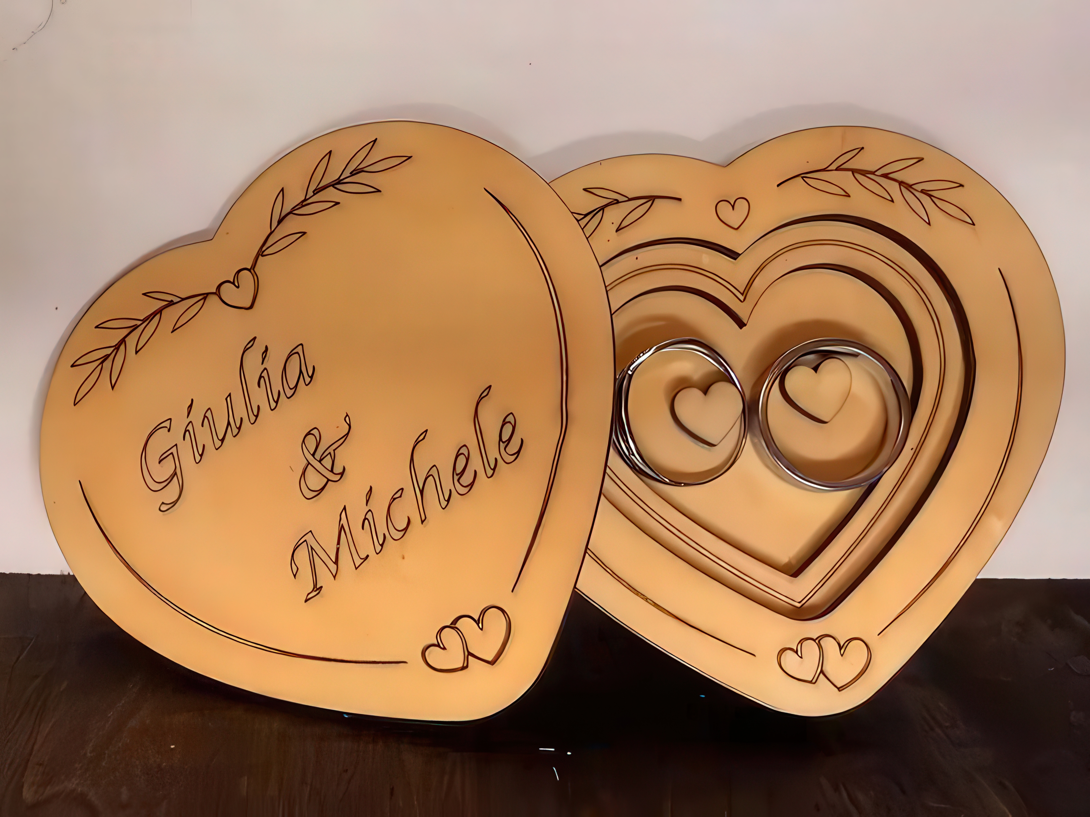 Laser Cut Heart Shape Wedding Ring Box Wooden Jewelry Box Design