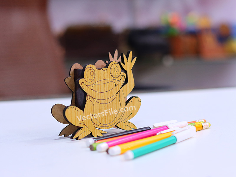 Laser Cut Wooden Frog Shape Pencil and Pen Holder for Kids