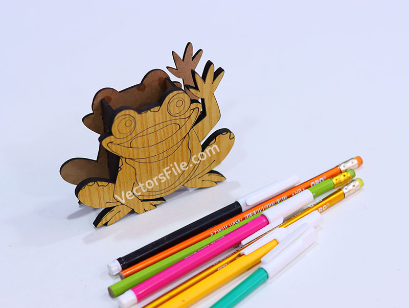 Laser Cut Wooden Frog Shape Pencil and Pen Holder for Kids