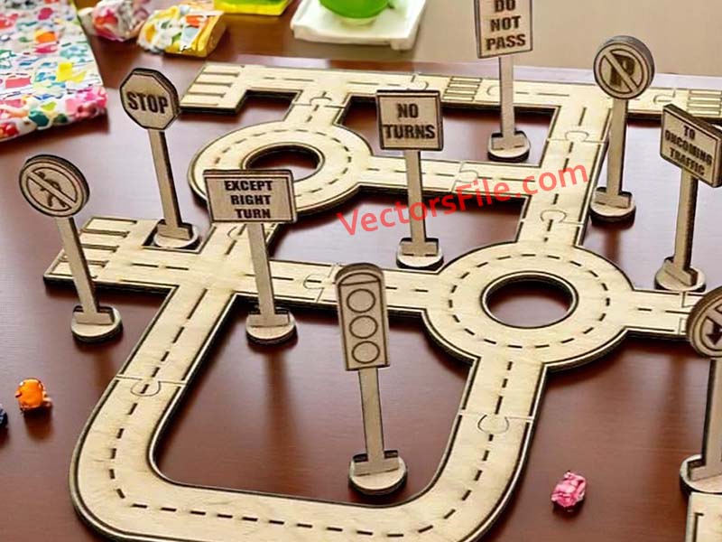 Laser Cut Toy Car Road Tracks Design with Traffic Sign 3D Puzzle Model Kit