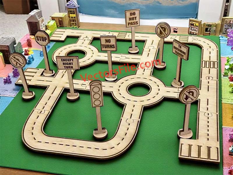 Laser Cut Toy Car Road Tracks Design with Traffic Sign 3D Puzzle Model Kit