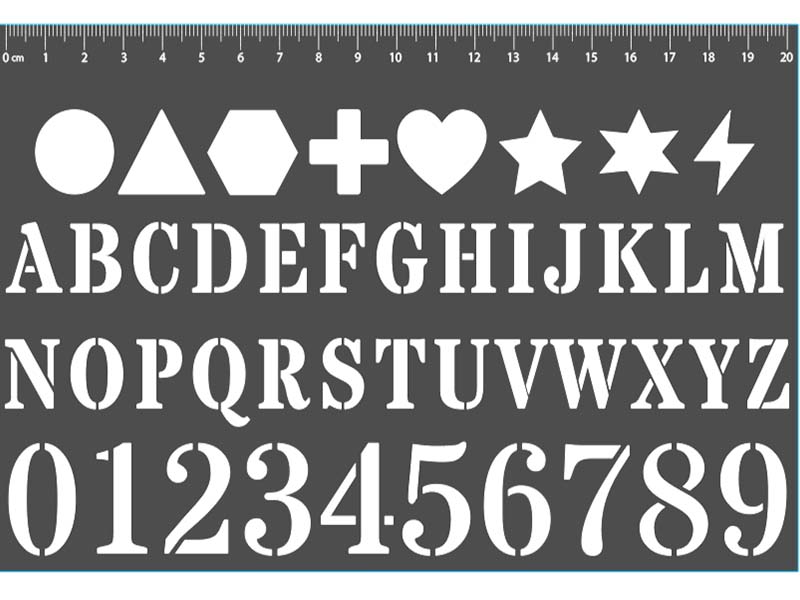Laser Cut Alphabet and Number Stencil Font Geometric Shape and 20 cm Ruler