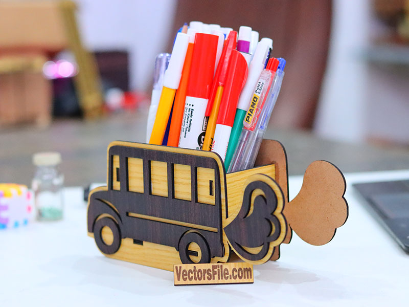 Laser Cut Wooden Bus Shape Pen Holder Stand Design