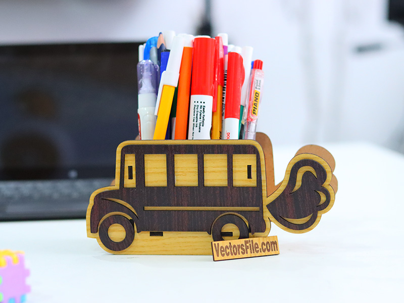 Laser Cut Wooden Bus Shape Pen Holder Stand Design