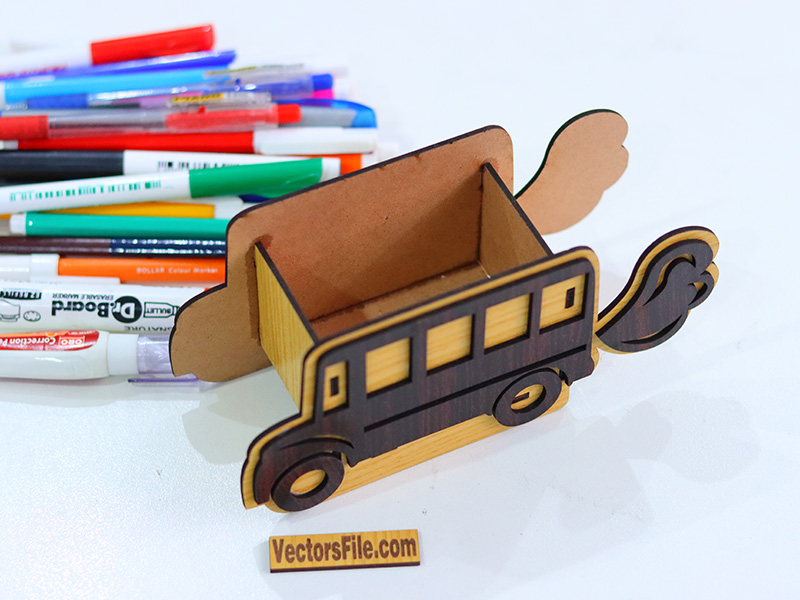 Laser Cut Wooden Bus Shape Pen Holder Stand Design
