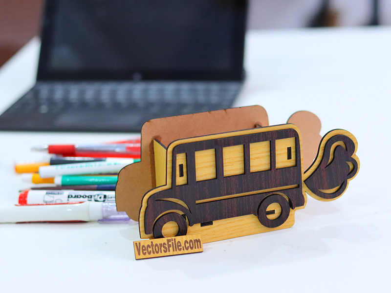 Laser Cut Wooden Bus Shape Pen Holder Stand Design