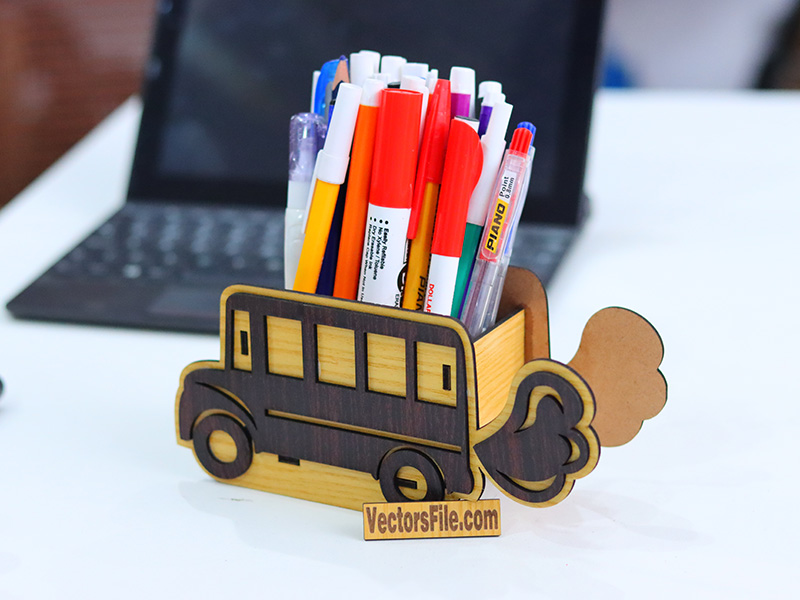 Laser Cut Wooden Bus Shape Pen Holder Stand Design