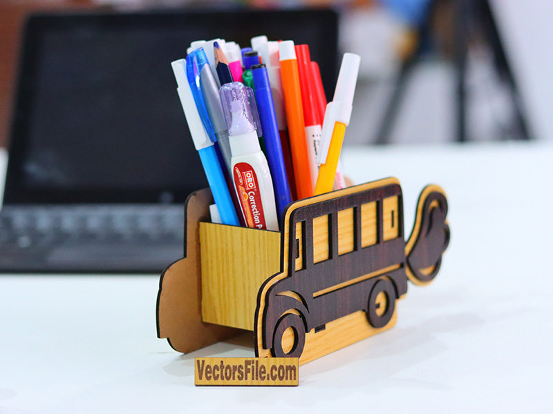 Laser Cut Wooden Bus Shape Pen Holder Stand Design