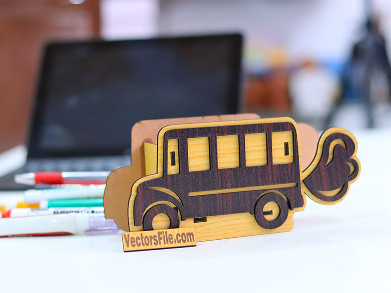 Laser Cut Wooden Bus Shape Pen Holder Stand Design
