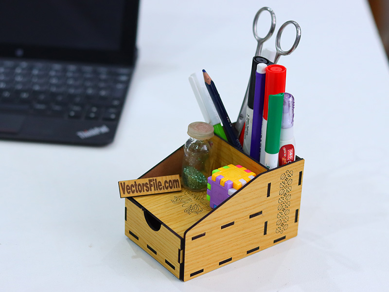 Laser Cut Mini Pen and Pencil Desk Organizer with Storage Drawer
