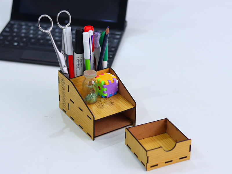 Laser Cut Mini Pen and Pencil Desk Organizer with Storage Drawer