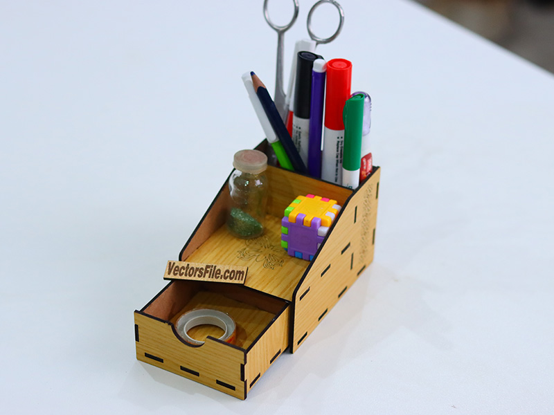 Laser Cut Mini Pen and Pencil Desk Organizer with Storage Drawer