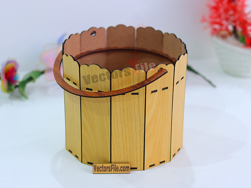 Laser Cut Wooden Round Gift and Storage Basket with Handle Design