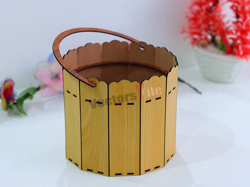 Laser Cut Wooden Round Gift and Storage Basket with Handle Design