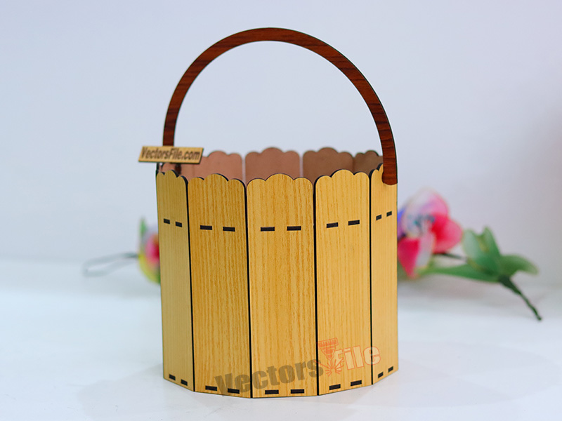 Laser Cut Wooden Round Gift and Storage Basket with Handle Design